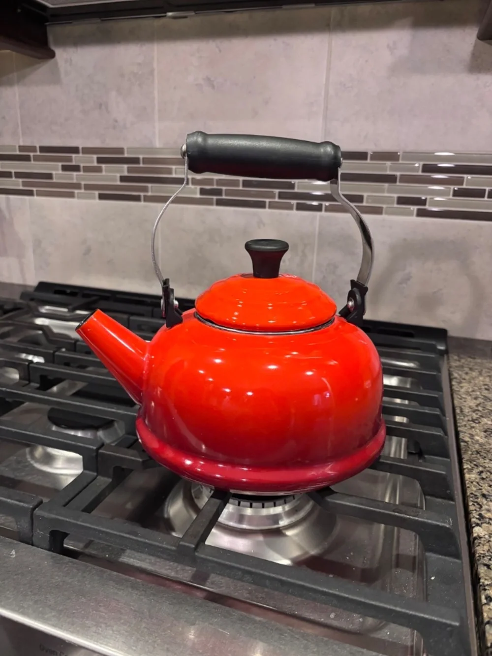 Red Le Creuset porcelain enamel 1.7 Quart tea kettle